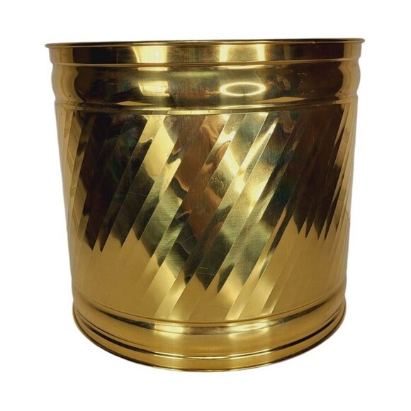 VTG Polished Brass Hollywood Regency Gold Set of Two Large Round Barrel Planters - Picture 3 of 15